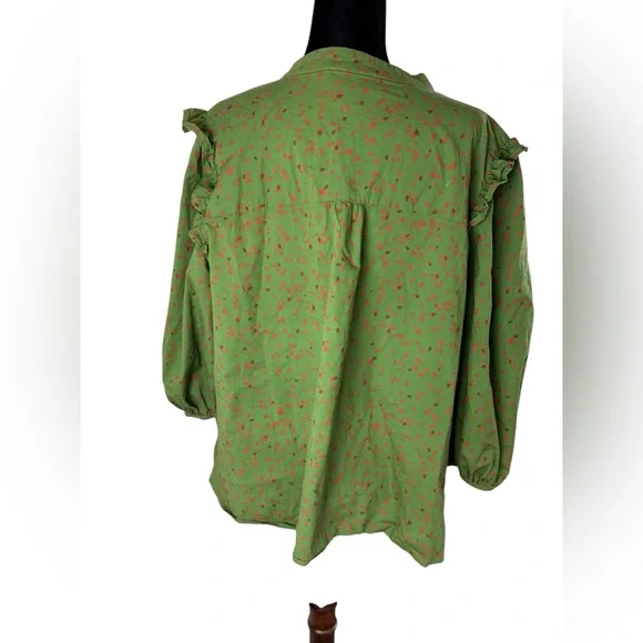 Eloquii Green Printed Button Down Shirt with Ruffle front and ruffle shoulder - Picture 8 of 13